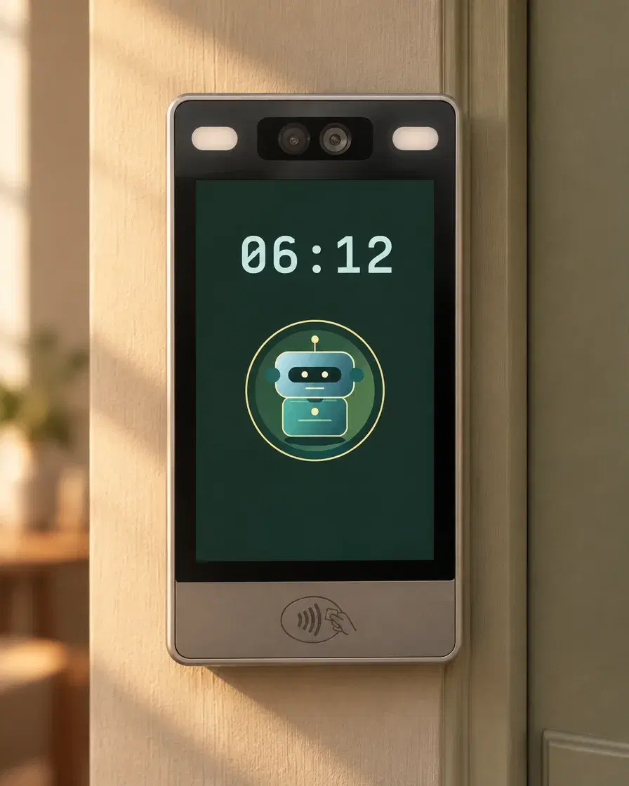 The Keyper terminal beside a door: a slim screen showing the time and the Keyper character.